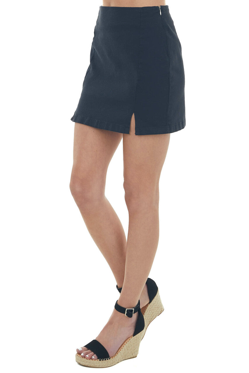 Black Chambray Seam Detail Skirt with Slits 