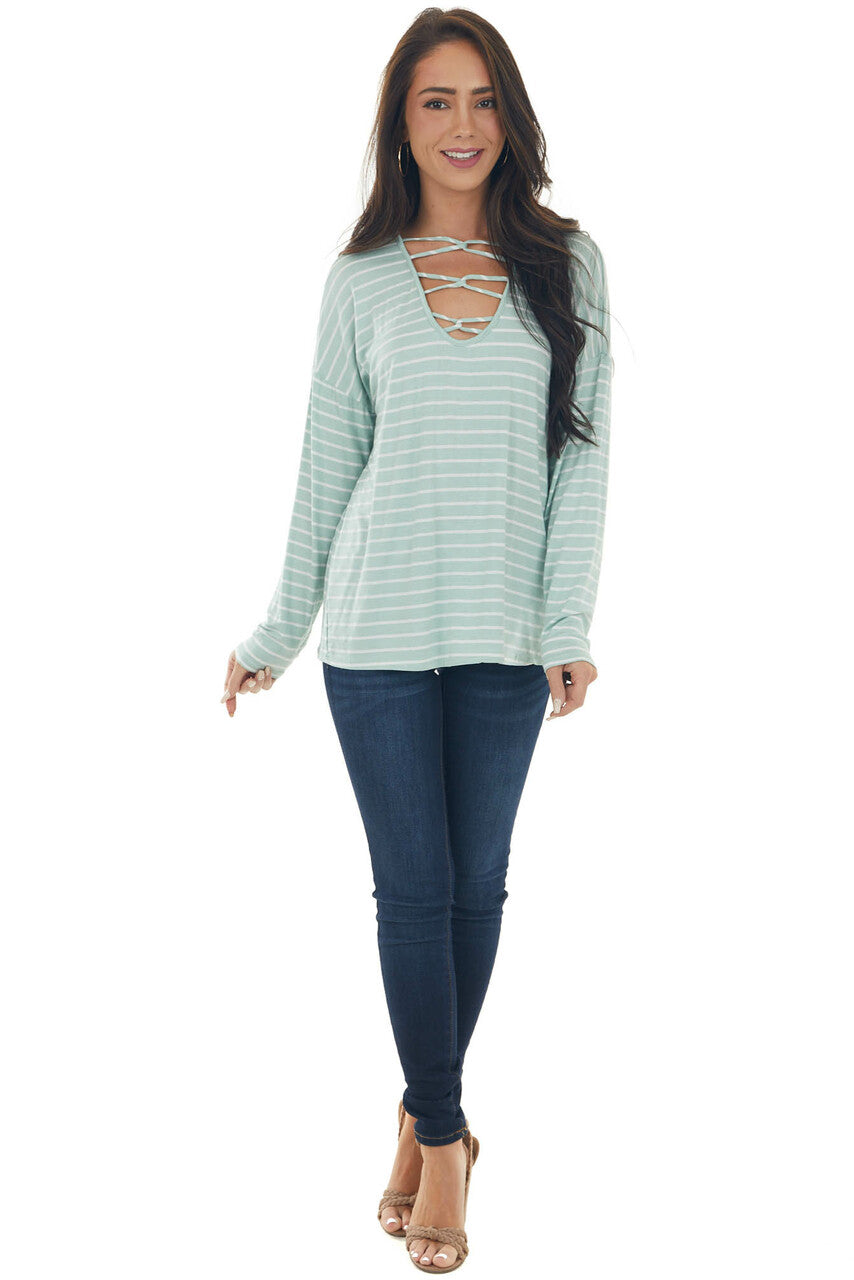 Mint Striped Criss Cross Strap Neck Knit Top 