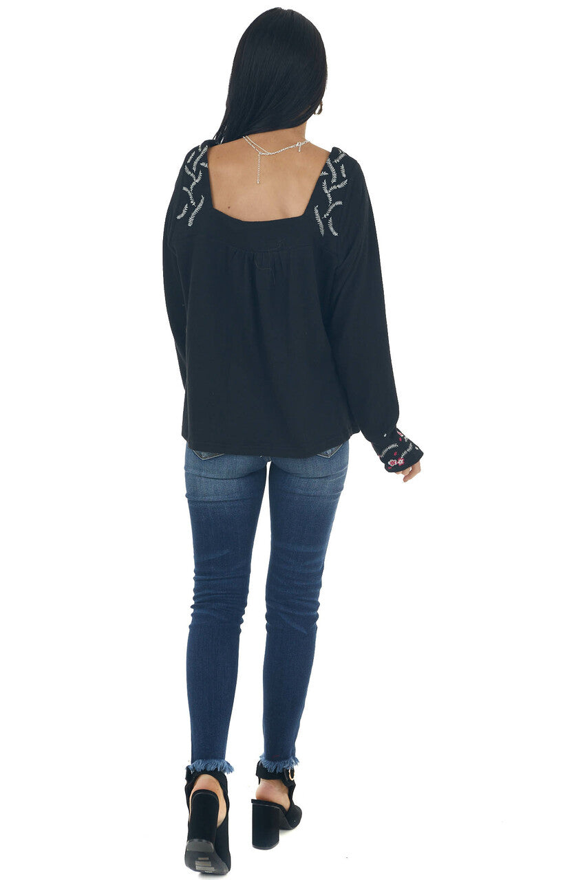 Black Floral Embroidered Babydoll Knit Top 