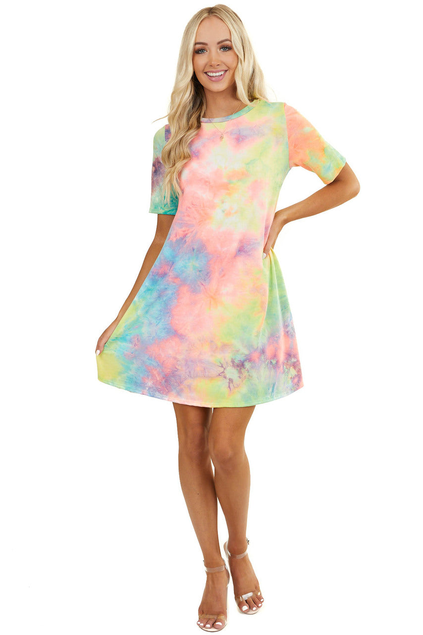 Multicolor Tie Dye Short Sleeve Dress with Side Pockets 