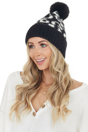 Black and White Leopard Print Beanie with Pom Pom Detail 