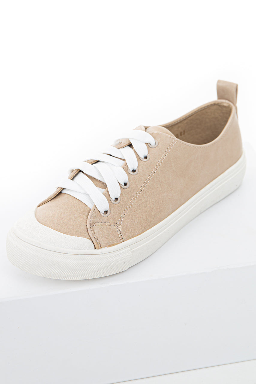 Beige Faux Leather Sneakers with White Laces and Rubber Sole