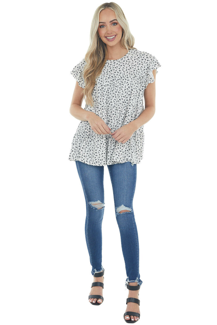 Off White Ditsy Floral Print Short Sleeve Top