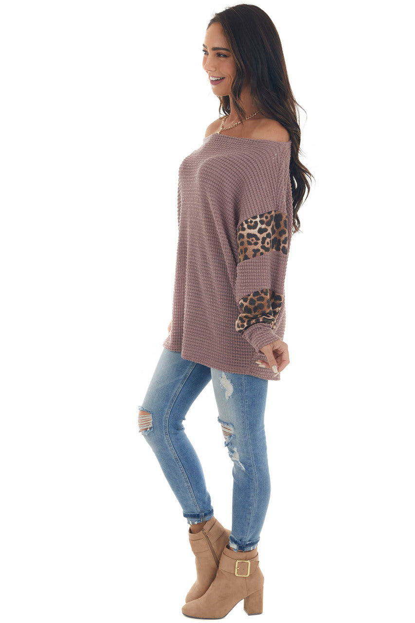 Rose Taupe and Leopard Dolman Sleeve Waffle Knit Top