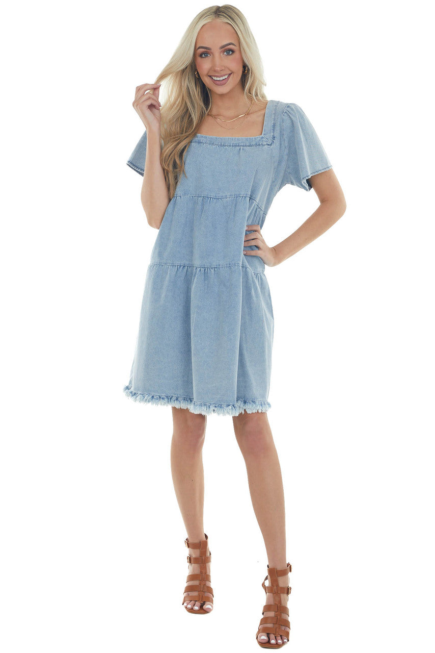 Light Vintage Wash Tiered Babydoll Denim Dress