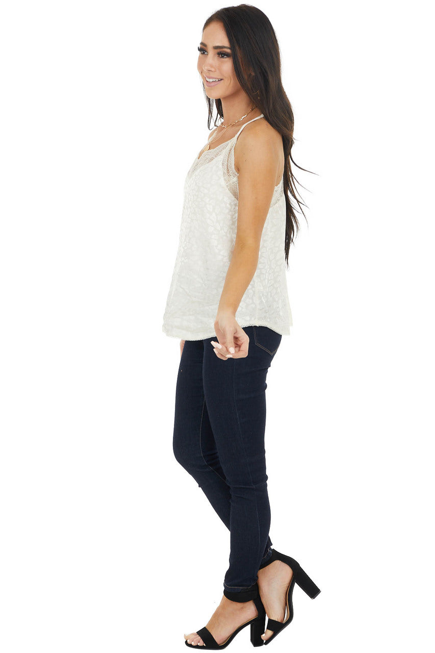 Cream Leopard Print Satin Tank Top with Lace Neckline Detail