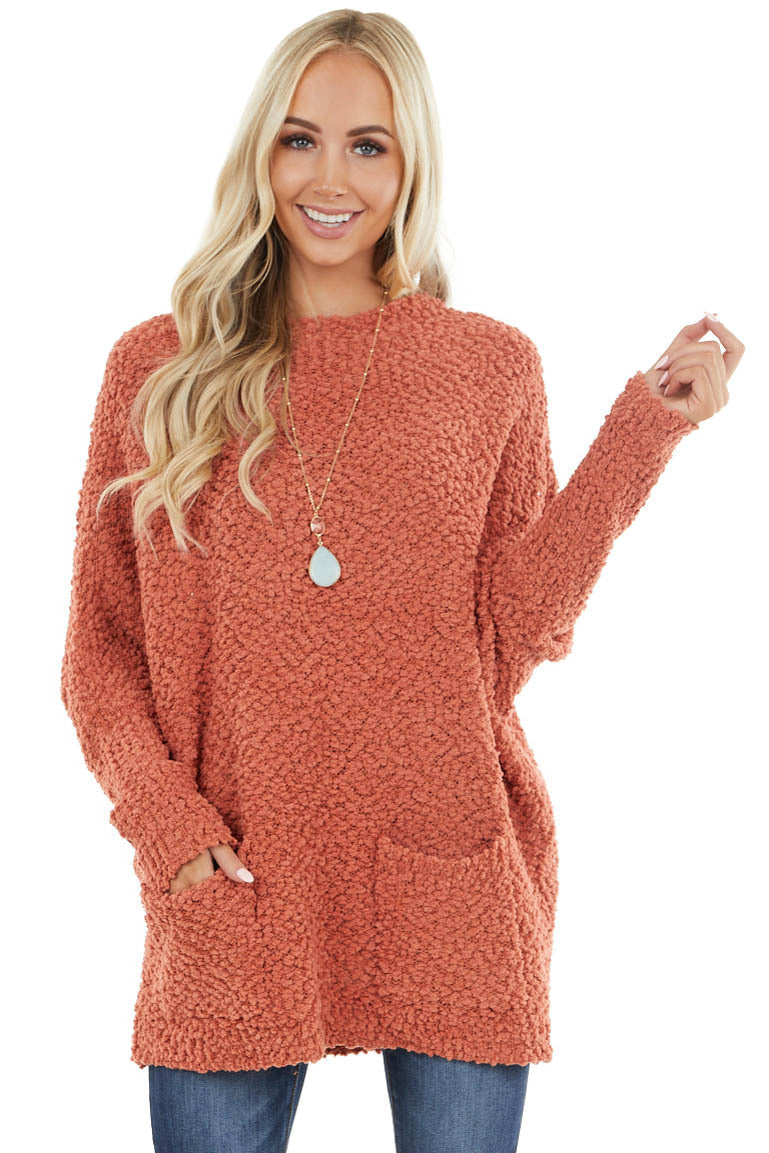 Terracotta Stretchy Knit Long Sweater with Pockets