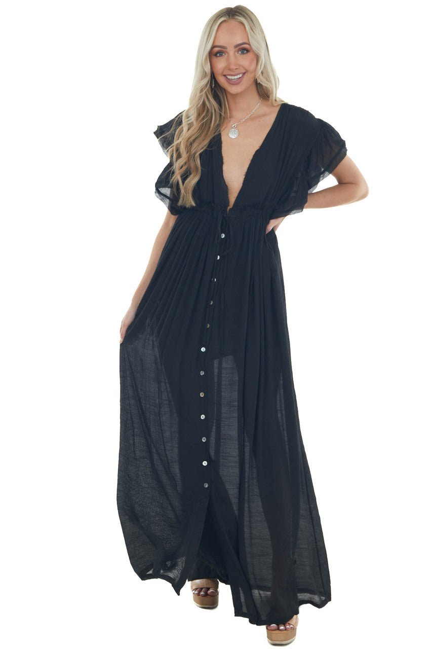 Black Button Front Plunging V Neck Maxi Dress 
