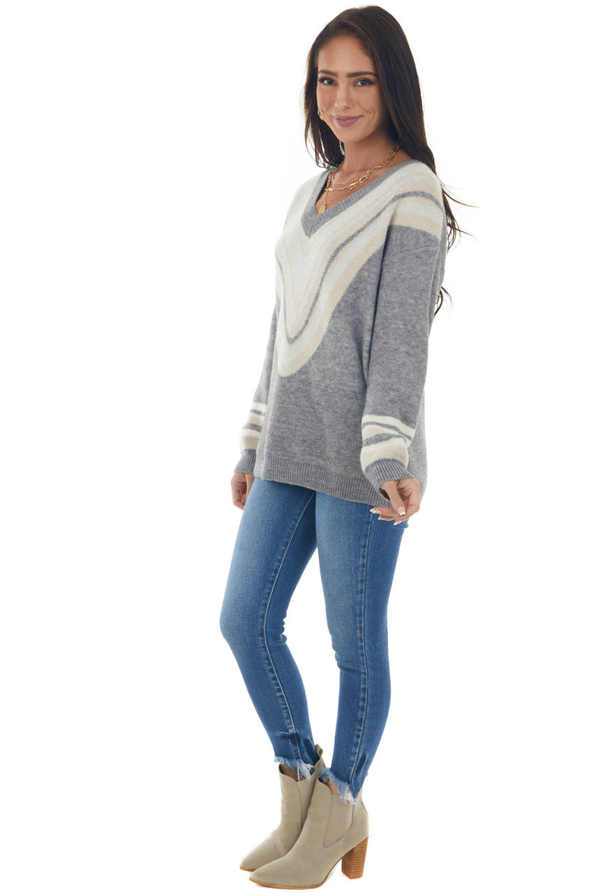 Heathered Steel Striped Chevron V Neck Sweater 