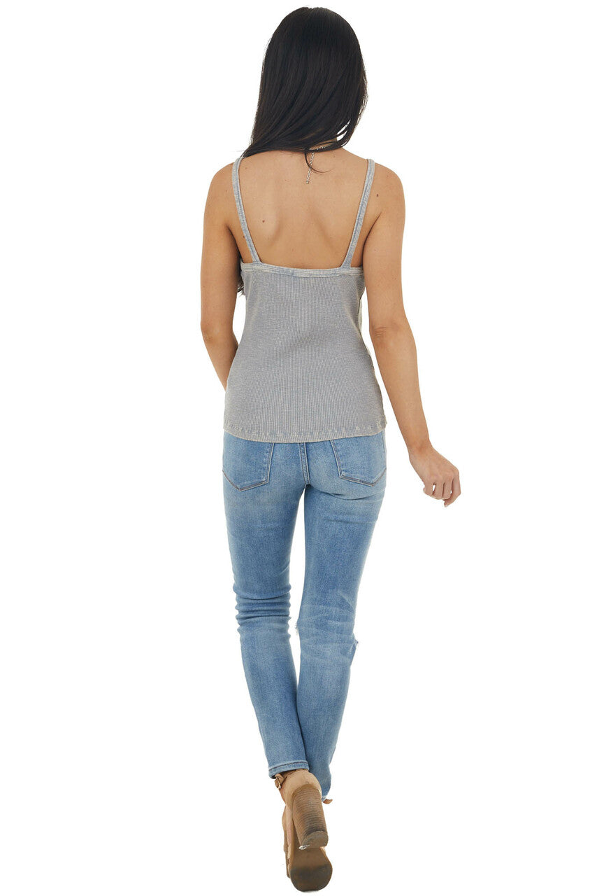 Grey Mineral Wash Ribbed Knit Tank Top with Halter Neckline