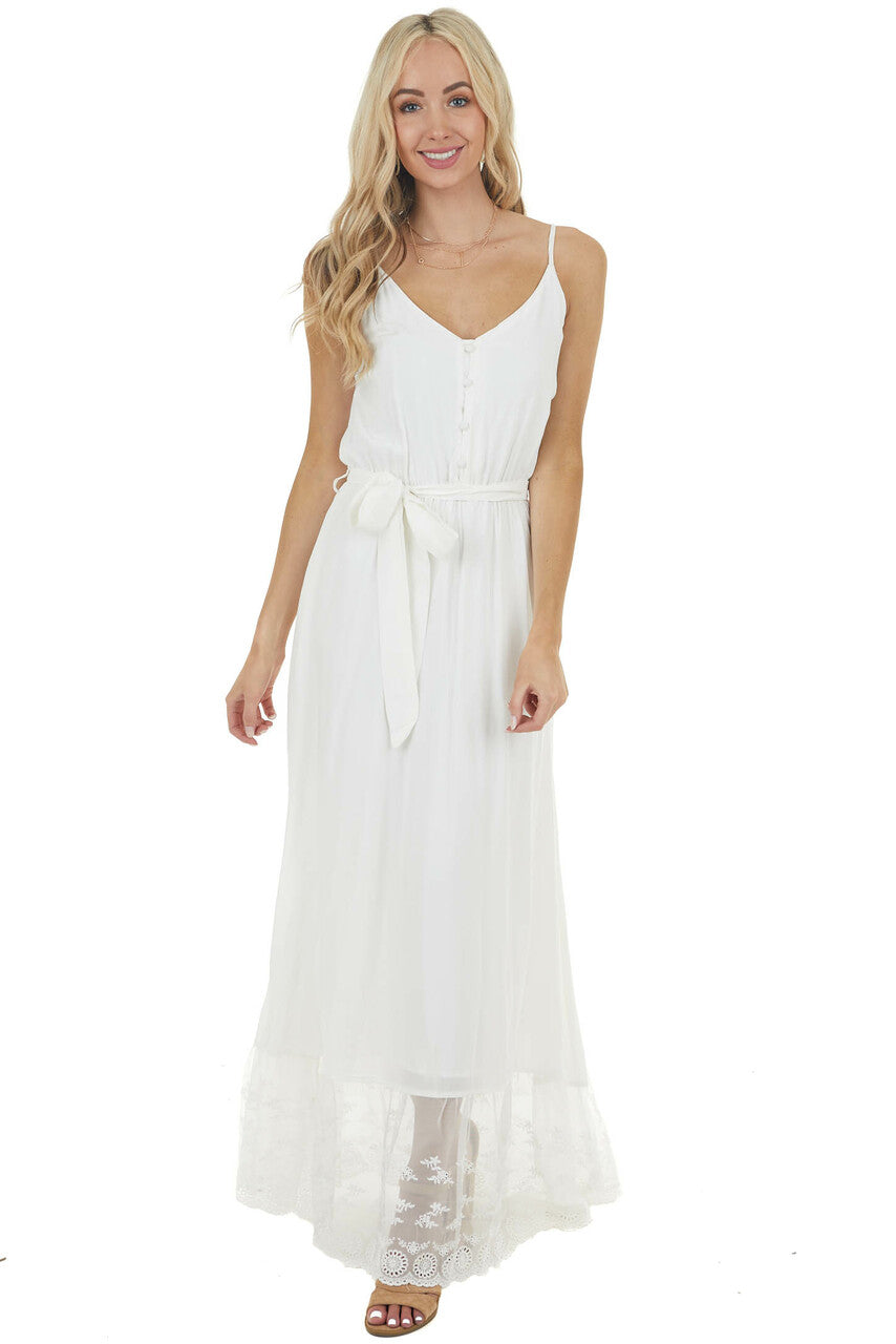 Off White Sleeveless Maxi Dress with Contrast Lace Hem