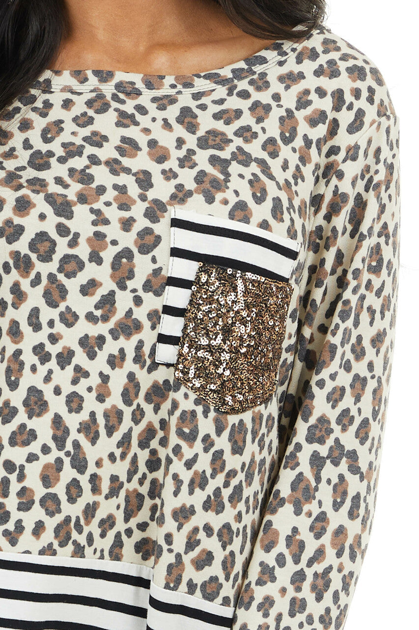Cream Leopard Print Long Sleeve Top with Stripe Contrast