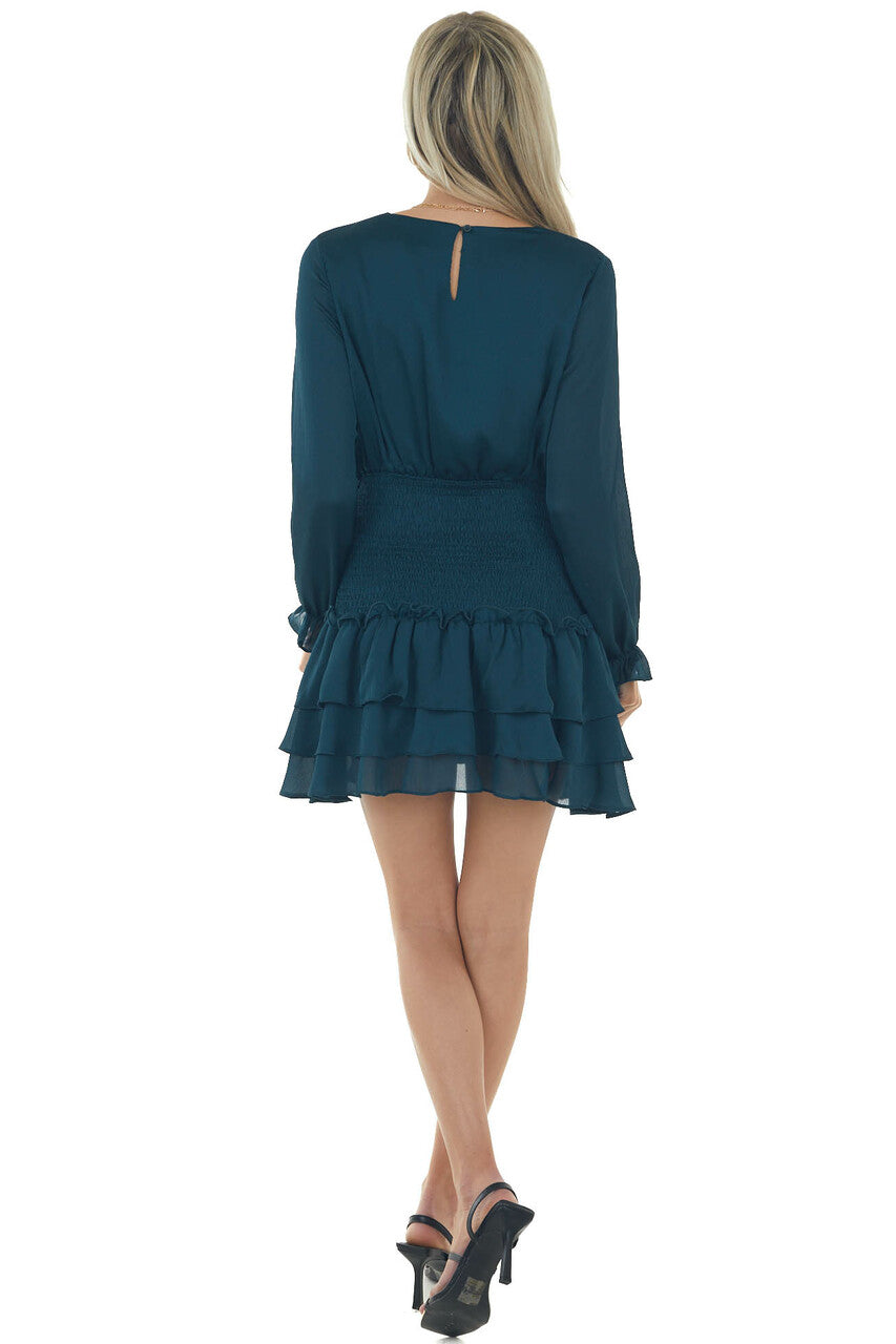 Dark Sea Blue Textured Surplice Smocked Dress
