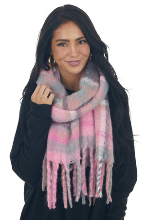 Baby Pink Plaid Brushed Knit Fringe Scarf