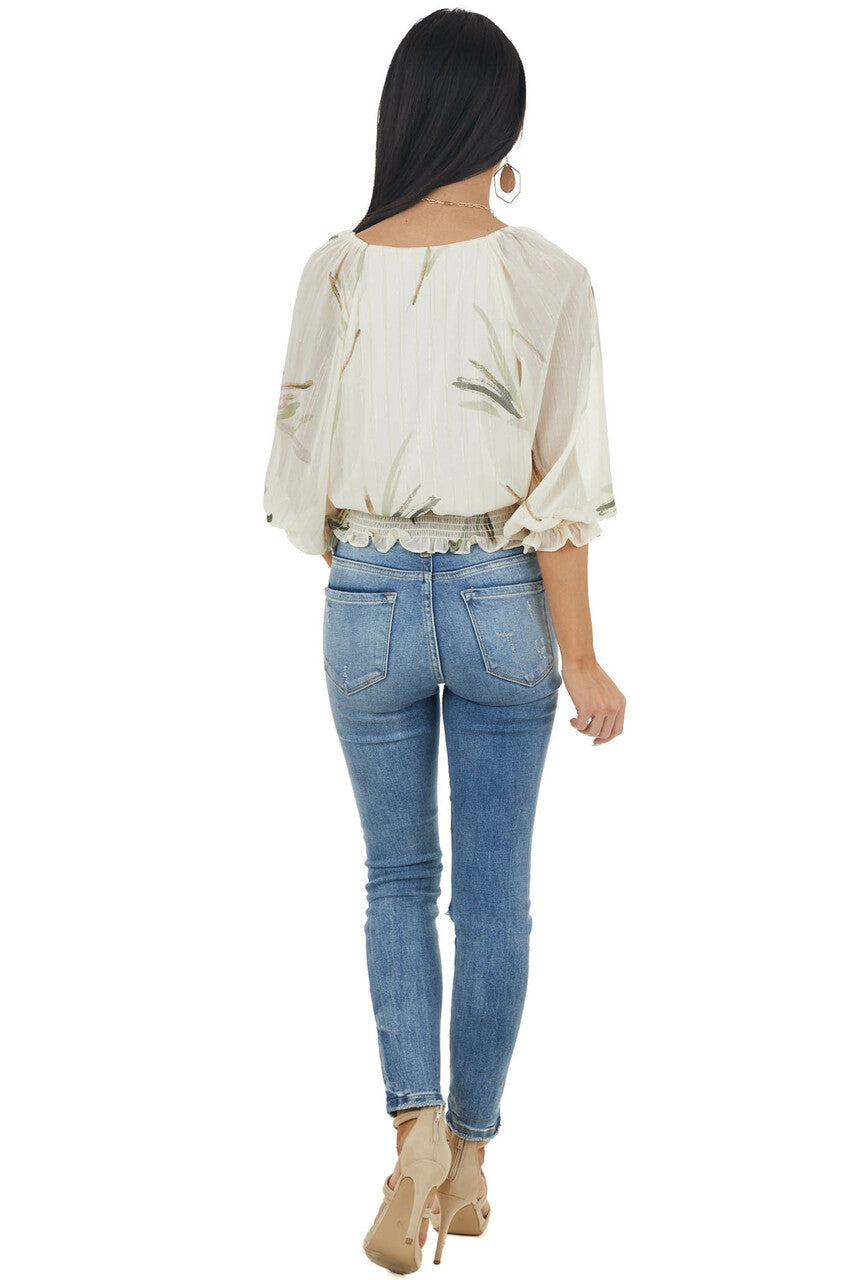 Vanilla Woven Surplice Top with Abstract Leaf Details