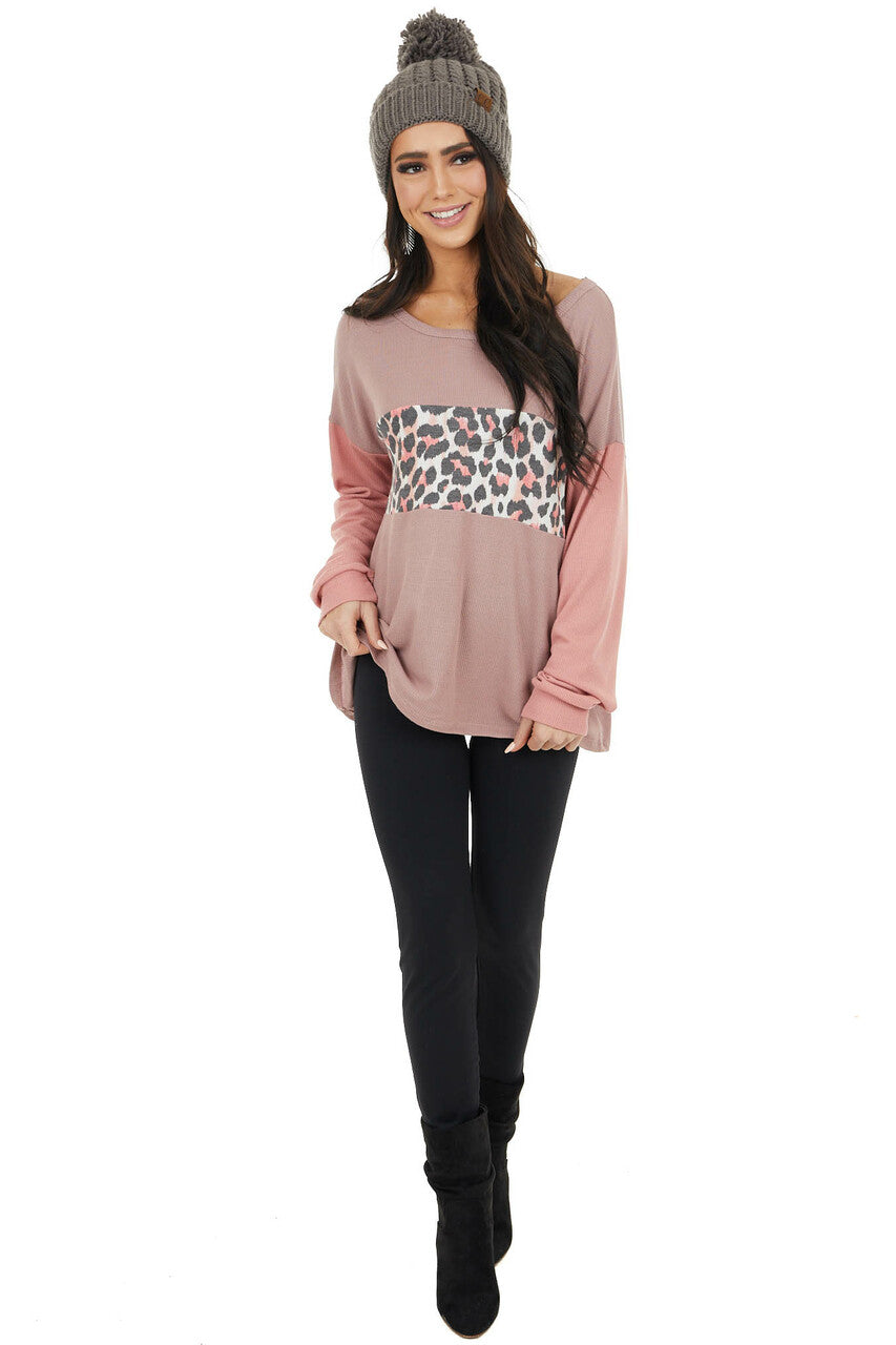 Dusty Rose Leopard Print Colorblock Long Sleeve Top