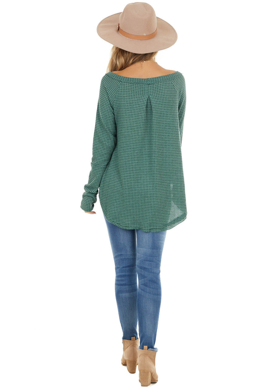 Forest Green Waffle Knit Long Sleeve Top with Thumb Holes