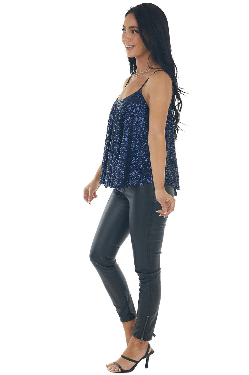 Navy Blue Spaghetti Strap Knit Sequin Cami Top 