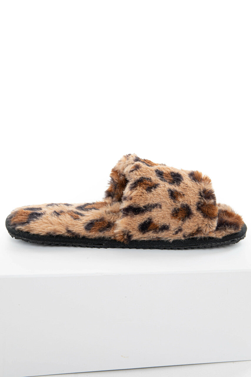 Leopard Print Fuzzy Faux Fur Slipper with Foam Sole 