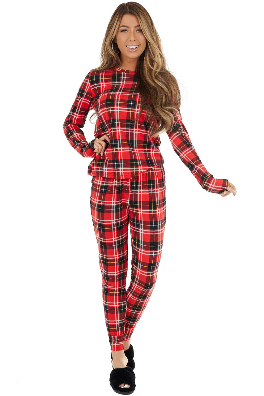Crimson and Black Plaid Pajama Top and Joggers Set