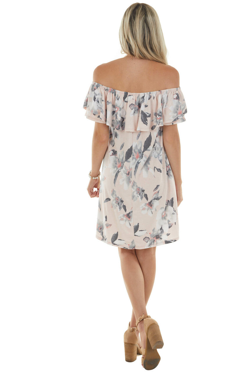 Blush Floral Off Shoulder Overlay Mini Dress