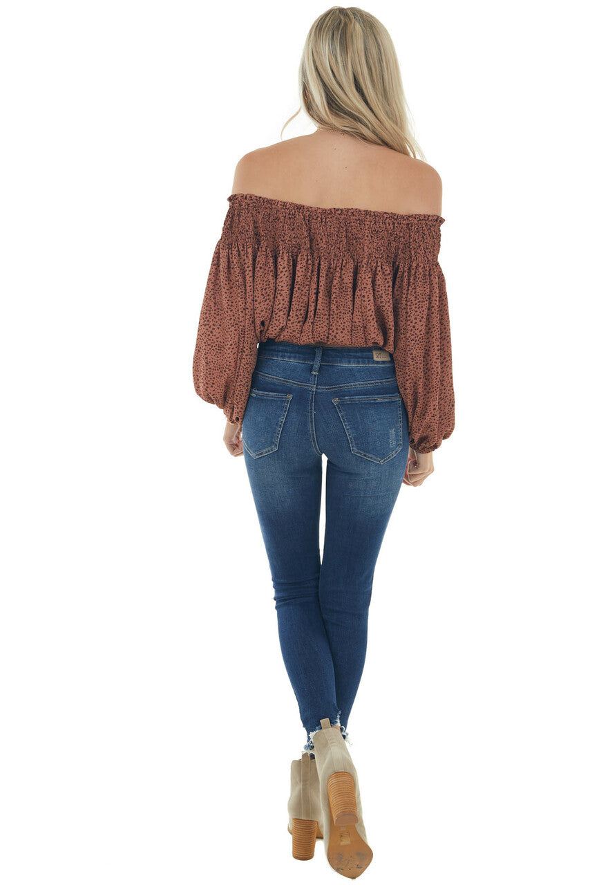 Chestnut Printed Smocked Off Shoulder Blouse