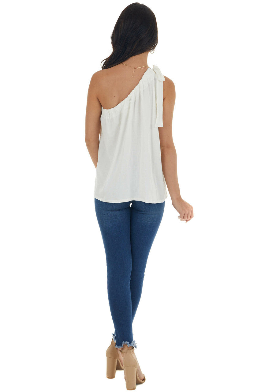 Ivory One Shoulder Top with Self Tie Strap