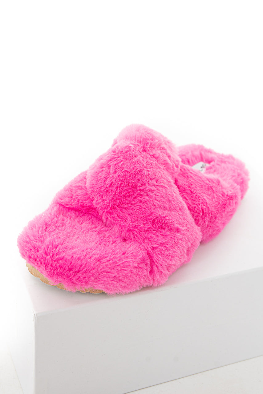 Hot Pink Fuzzy Soft Sandal Slippers with Criss Cross Details