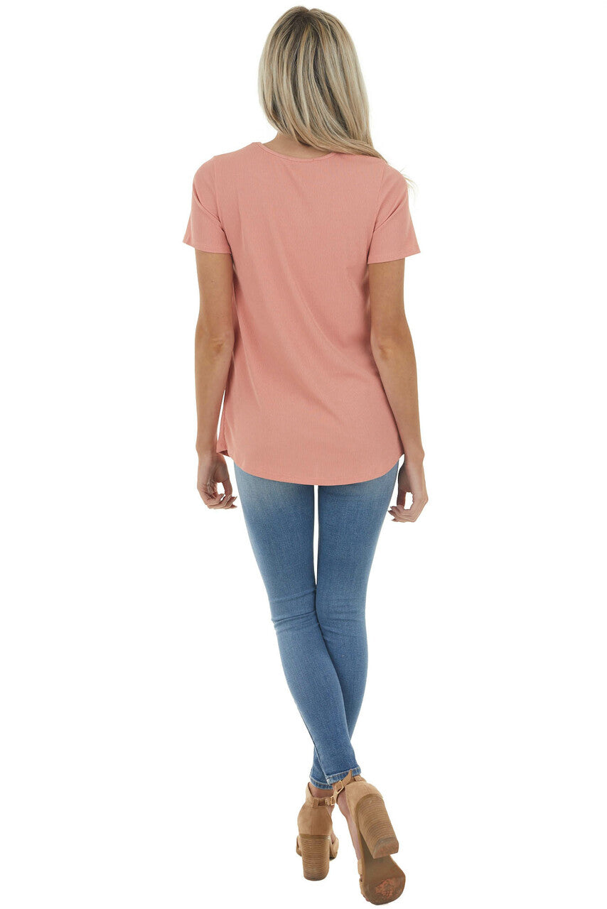Salmon Ribbed Knit Short Sleeve Top with Chest Cutout