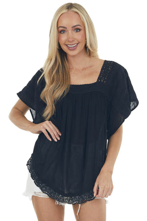 Black Square Neck Blouse with Lace Details