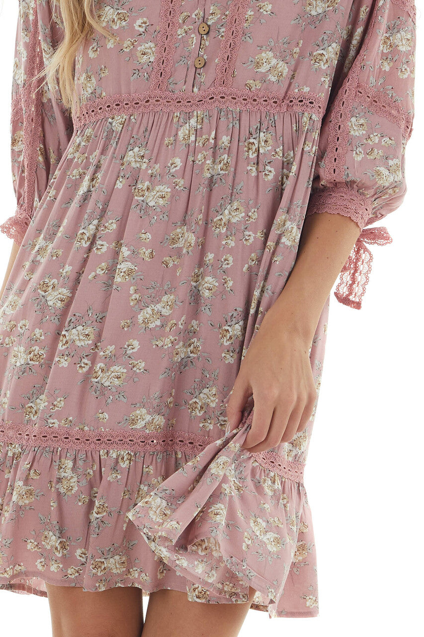 Dusty Rose Floral Print Babydoll Short Dress