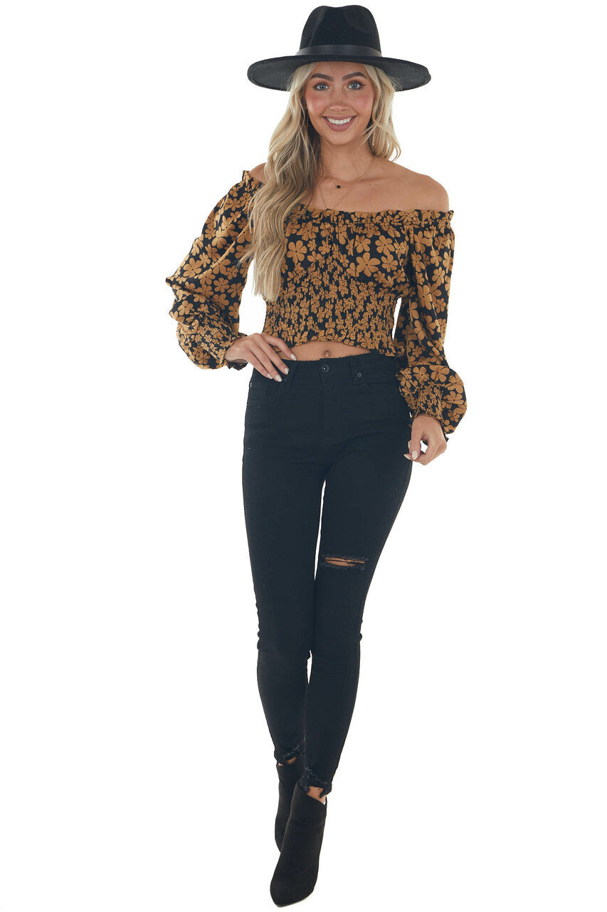 Black and Copper Floral Cropped Satin Blouse