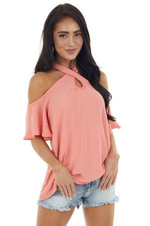 Coral Cold Shoulder Blouse with Criss Cross Halter Neck