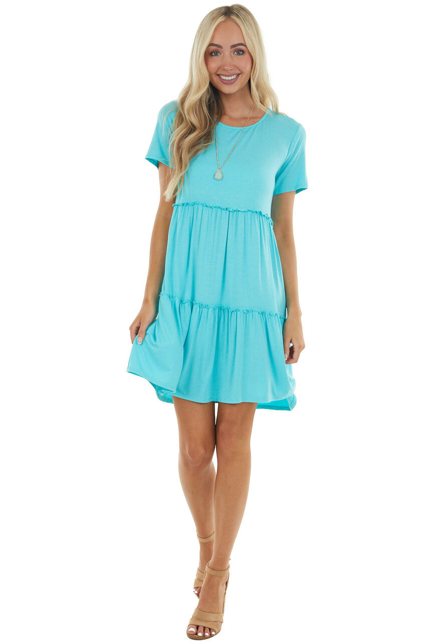 Aqua Cap Sleeve Drop Waist Tiered Short Dress