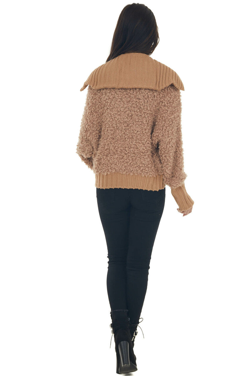 Camel Teddy Turtleneck Zip Up Sweater Jacket 