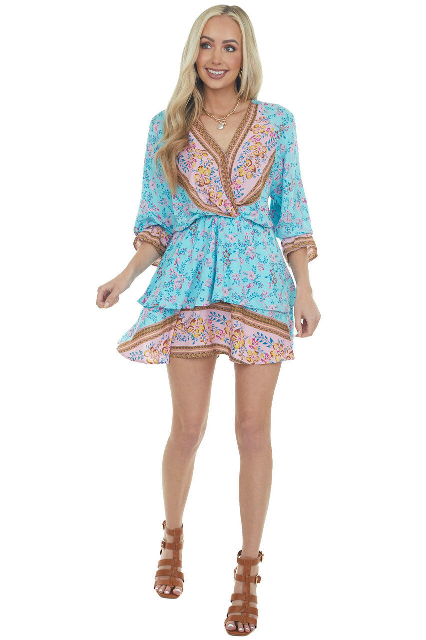 Aqua Floral Print Mini Dress with Overlay Detail