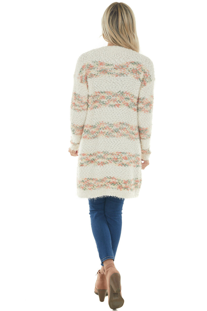 Cream Striped Open Front Popcorn Knit Cardigan 