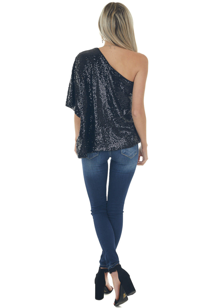 Black Sequined One Shoulder Flowy Blouse 