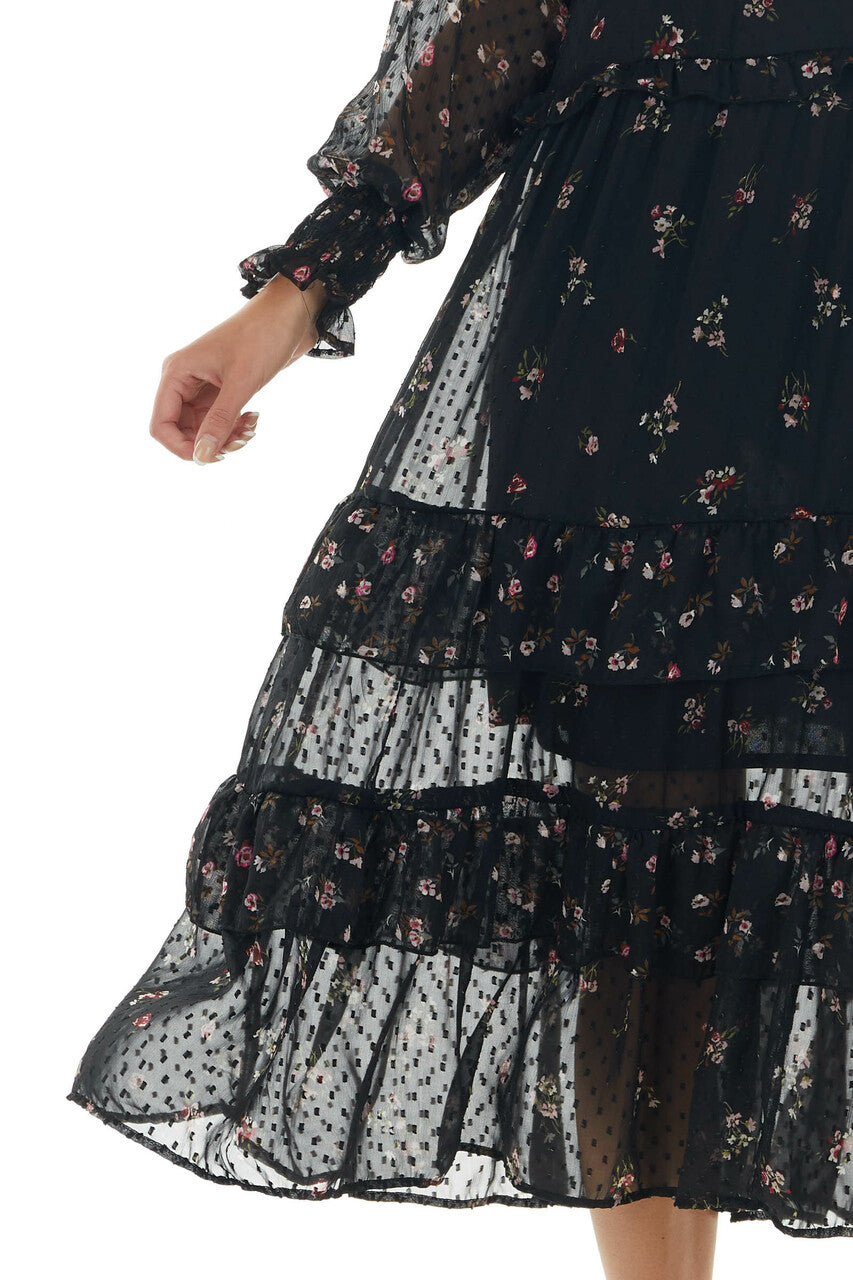 Black Swiss Dot Floral Print Maxi Dress 