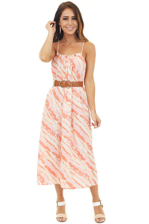 Coral Tie Dye Print Sleeveless Midi Dress with Ruffle Detail 
