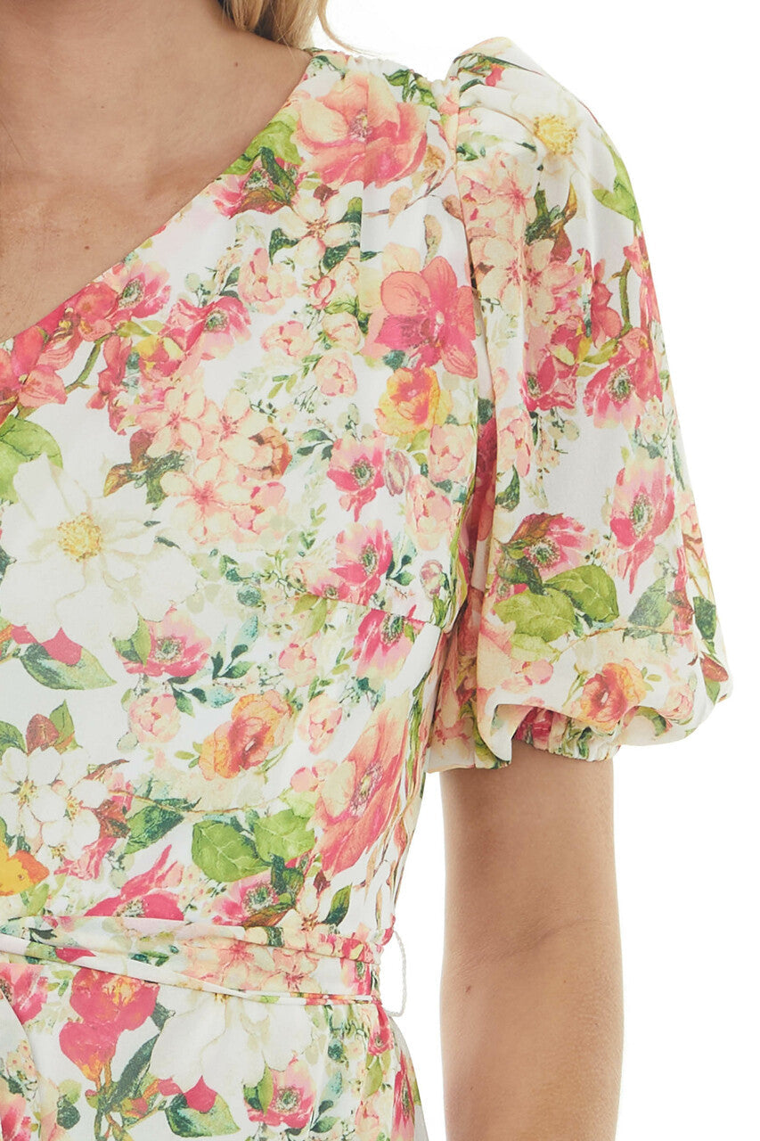 Ivory Floral Print One Shoulder Midi Dress