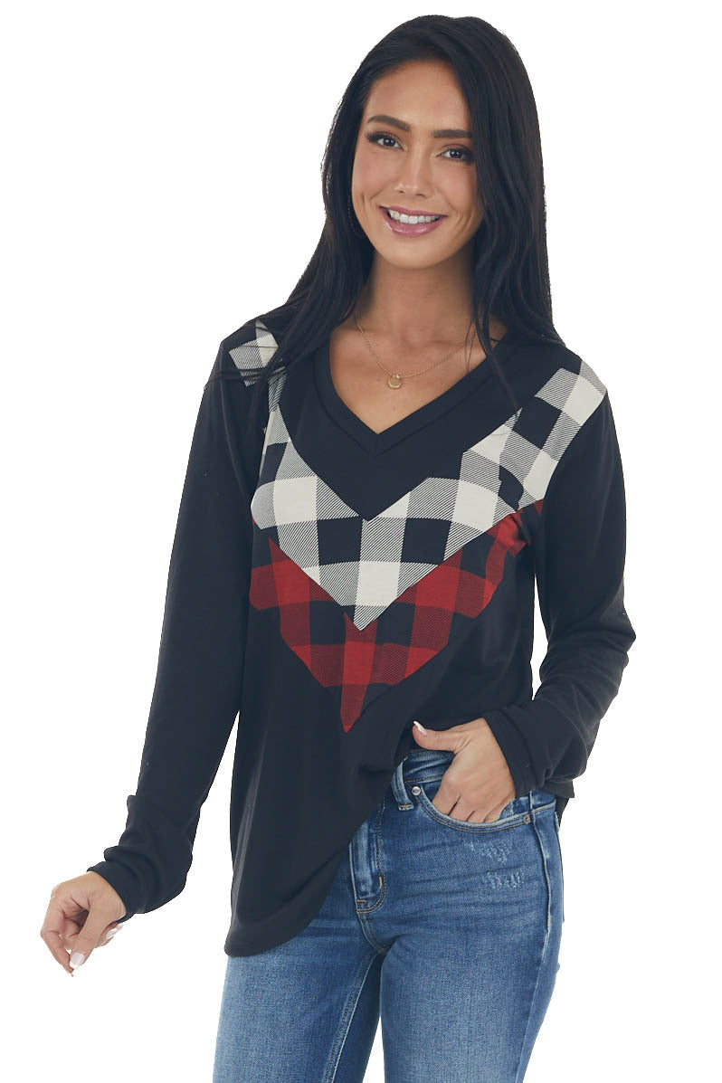 Black Knit Top with Buffalo Plaid Contrast