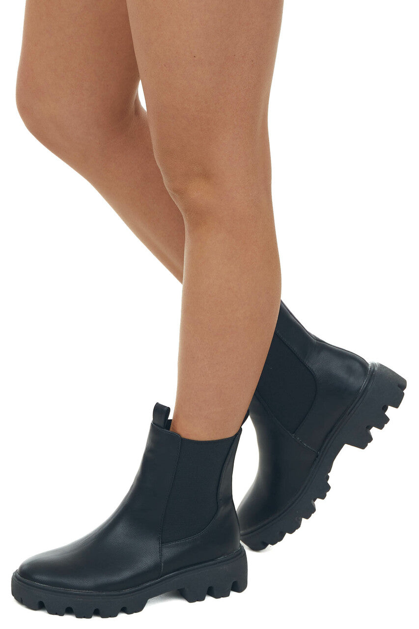 Black Faux Leather Double Side Panel Lug Boots
