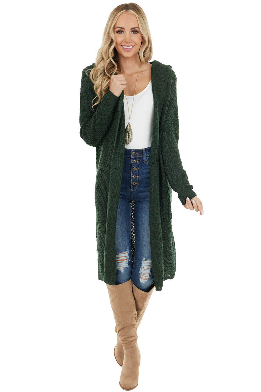 Forest Green Textured Loose Knit Duster Cardigan with Hood