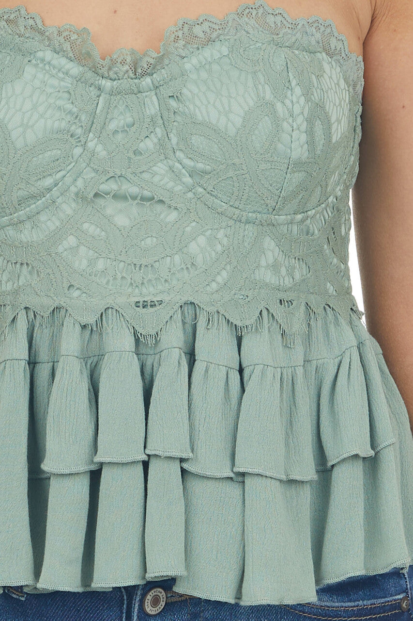 Sage Tiered Ruffle Strapless Lace Woven Top