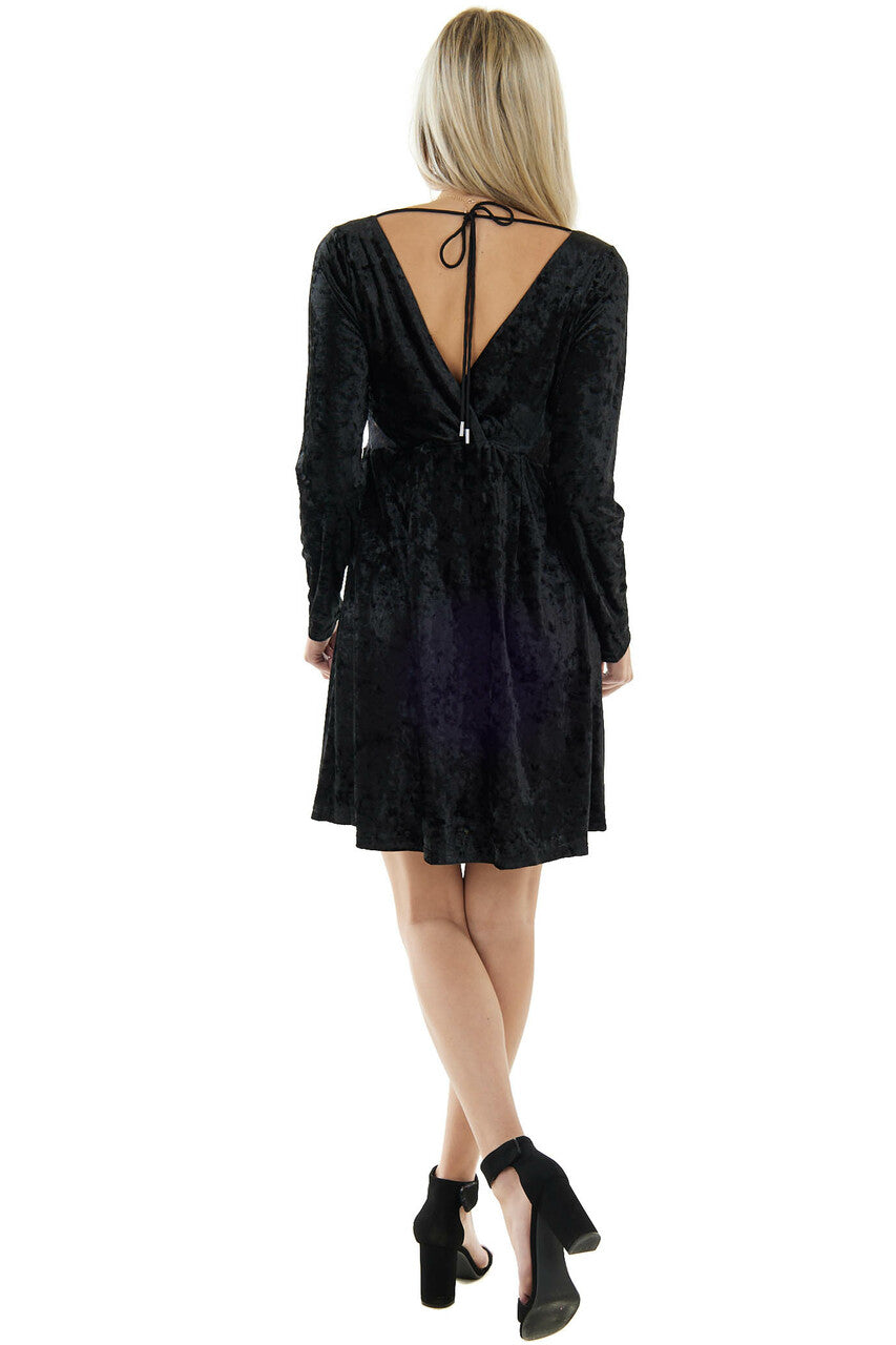 Black Velvet V Neck Lace Trim Short Dress