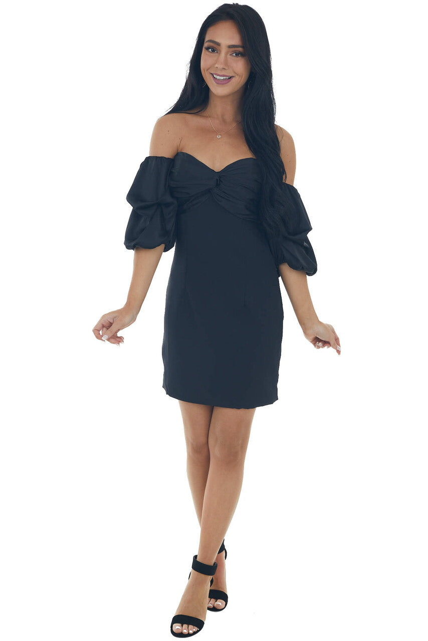 Black Ruched Bust Mini Dress with Puff Sleeves