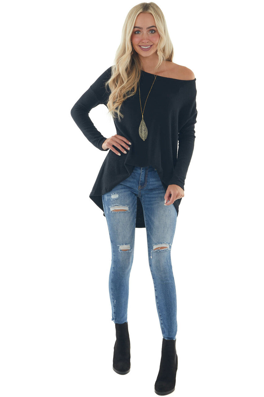 Black Brushed Knit Top with High Low Hemline 