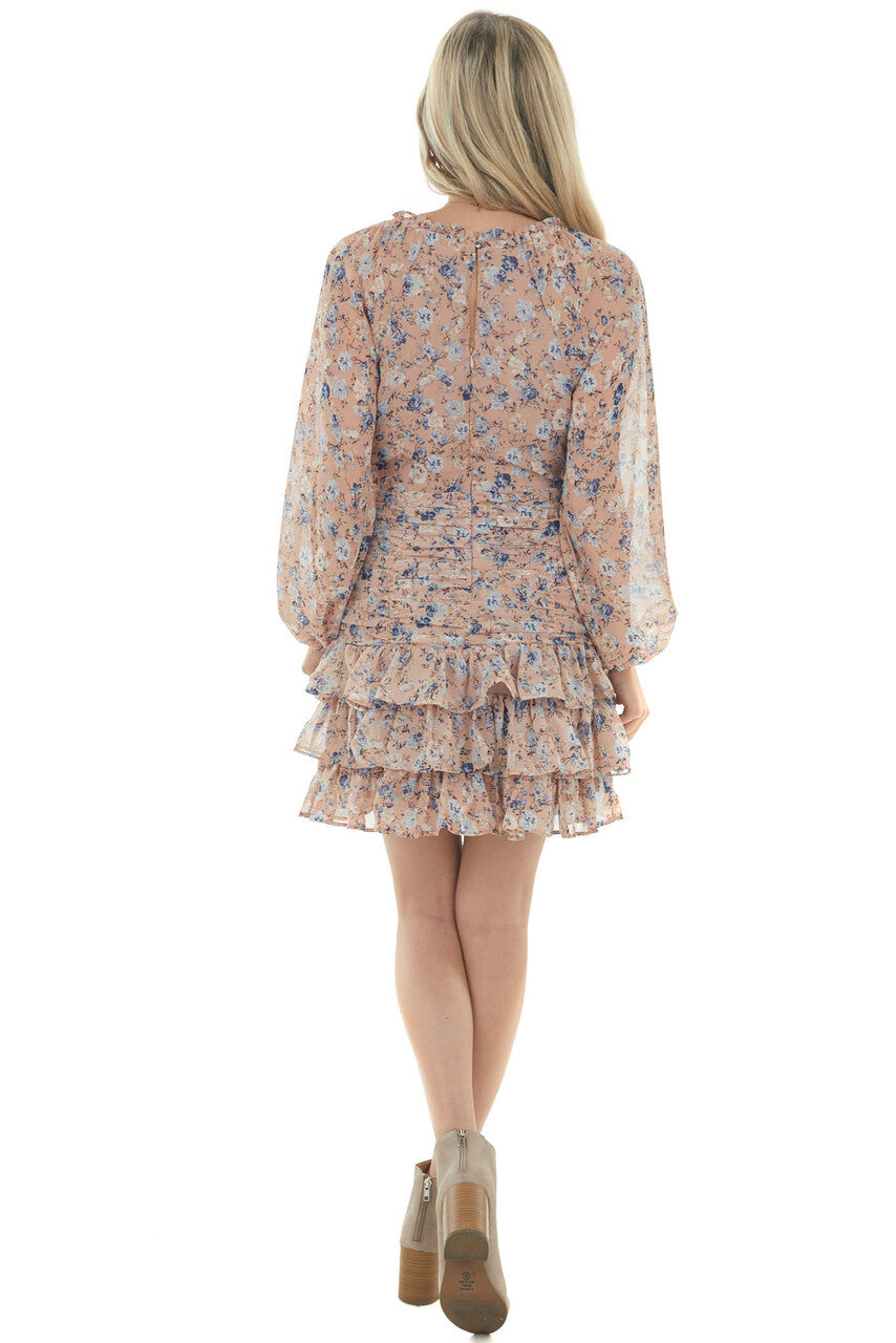 Faded Rose Floral Bubble Sleeve Ruffle Dress