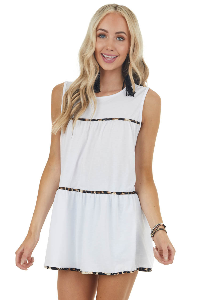 Ivory Sleeveless Stretchy Knit Top with Leopard Print Detail